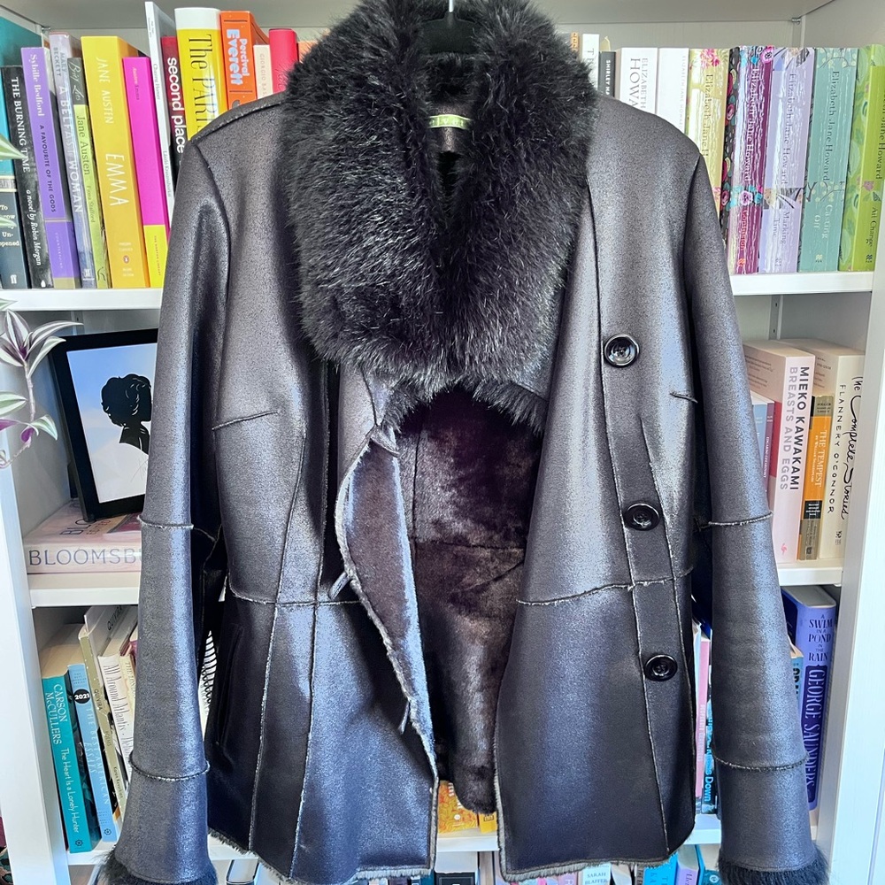 Luxurious Black Faux Shearling Jacket Velvet by Graham & Spencer M EUC